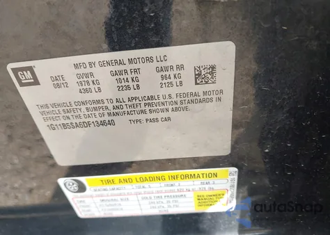 2013 Chevrolet Malibu 1Ls из США, поврежденный, VIN 1G11B5SA6DF134640